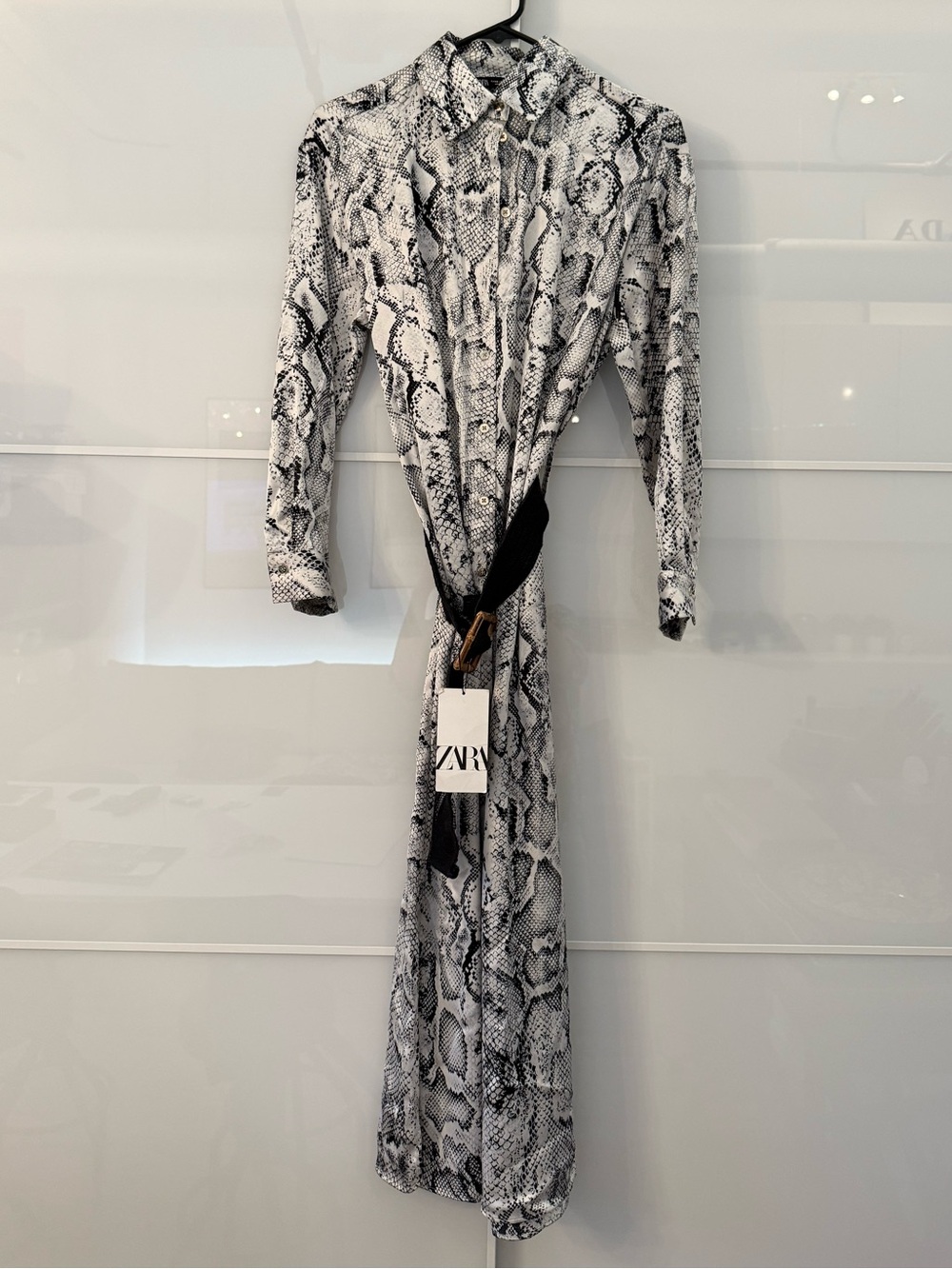 Zara Black and White Snake-Print Button-Down Maxi Dress with Belt